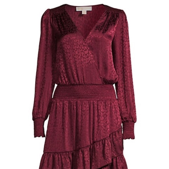 Michael Kors Dark Ruby Red Leopard Print Embossed Ruffle Dress, NWT!! - Picture 2 of 7